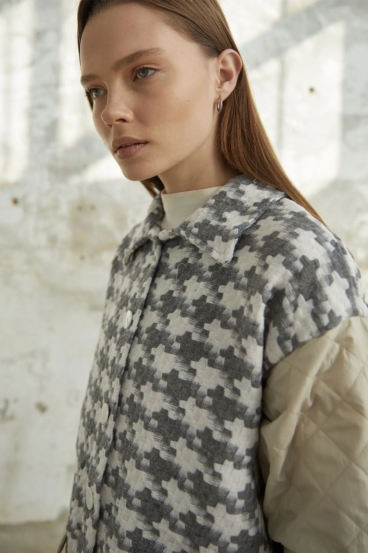 MDS Women Herringbone Pattern Quilted Jacket - Gray - Sant’Eufemia Lamezia