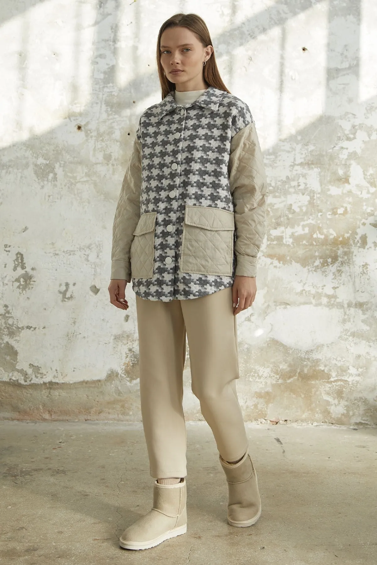MDS Women Herringbone Pattern Quilted Jacket - Gray - Sant’Eufemia Lamezia