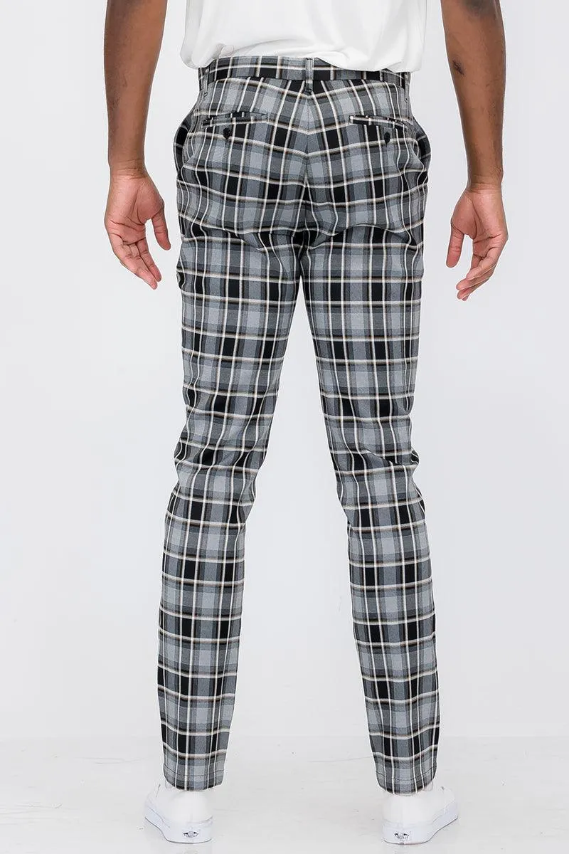 Mens Black Grey Plaid Slim Fit Trouser Pants