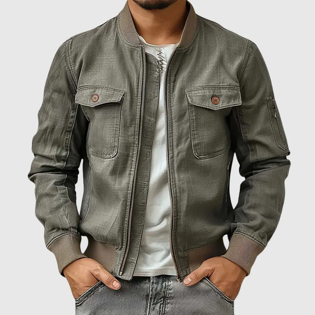Men's Linen Bomber Jacket with Polyester Lining