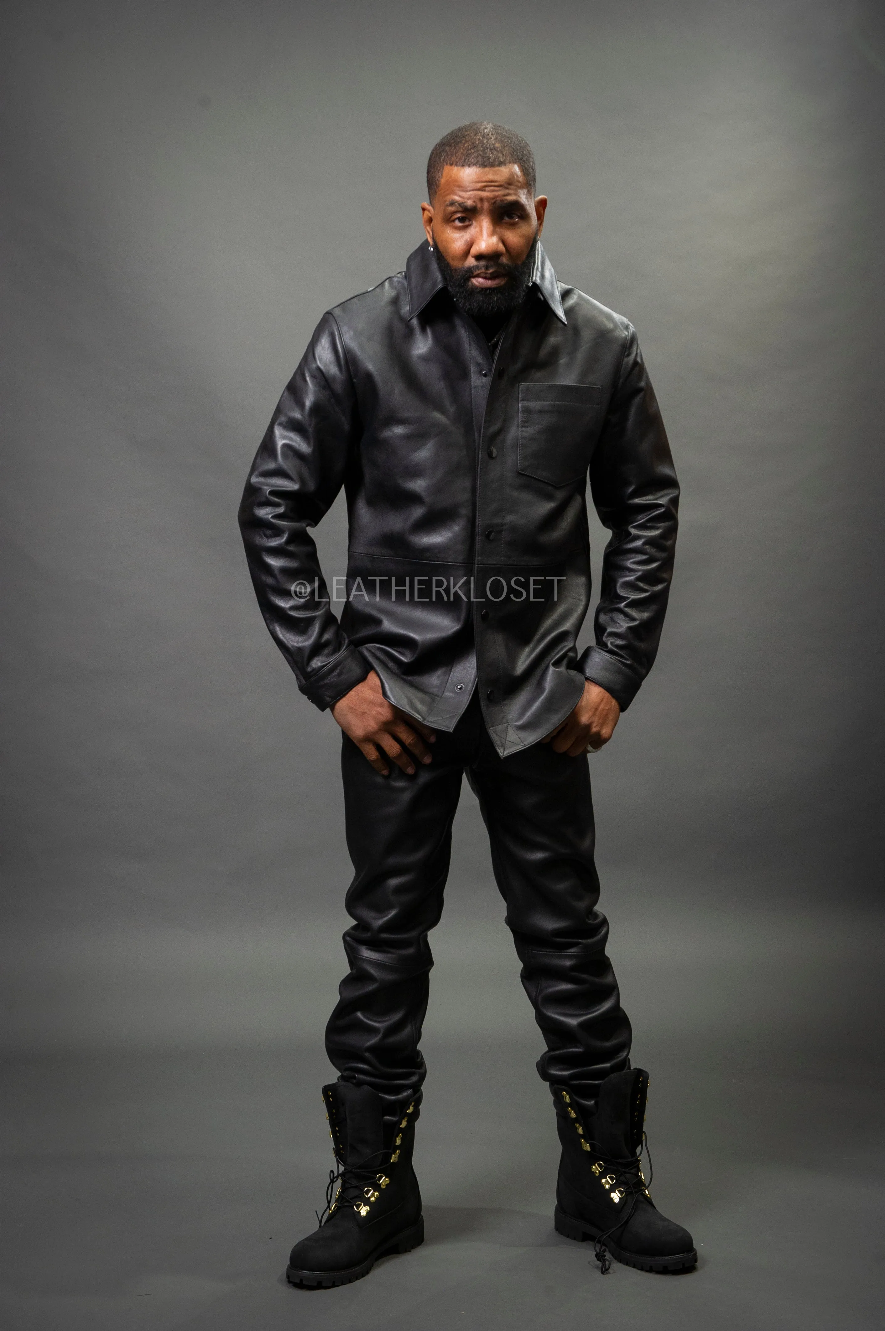 Men's Luka Leather Shirt And Pants Set [Black]