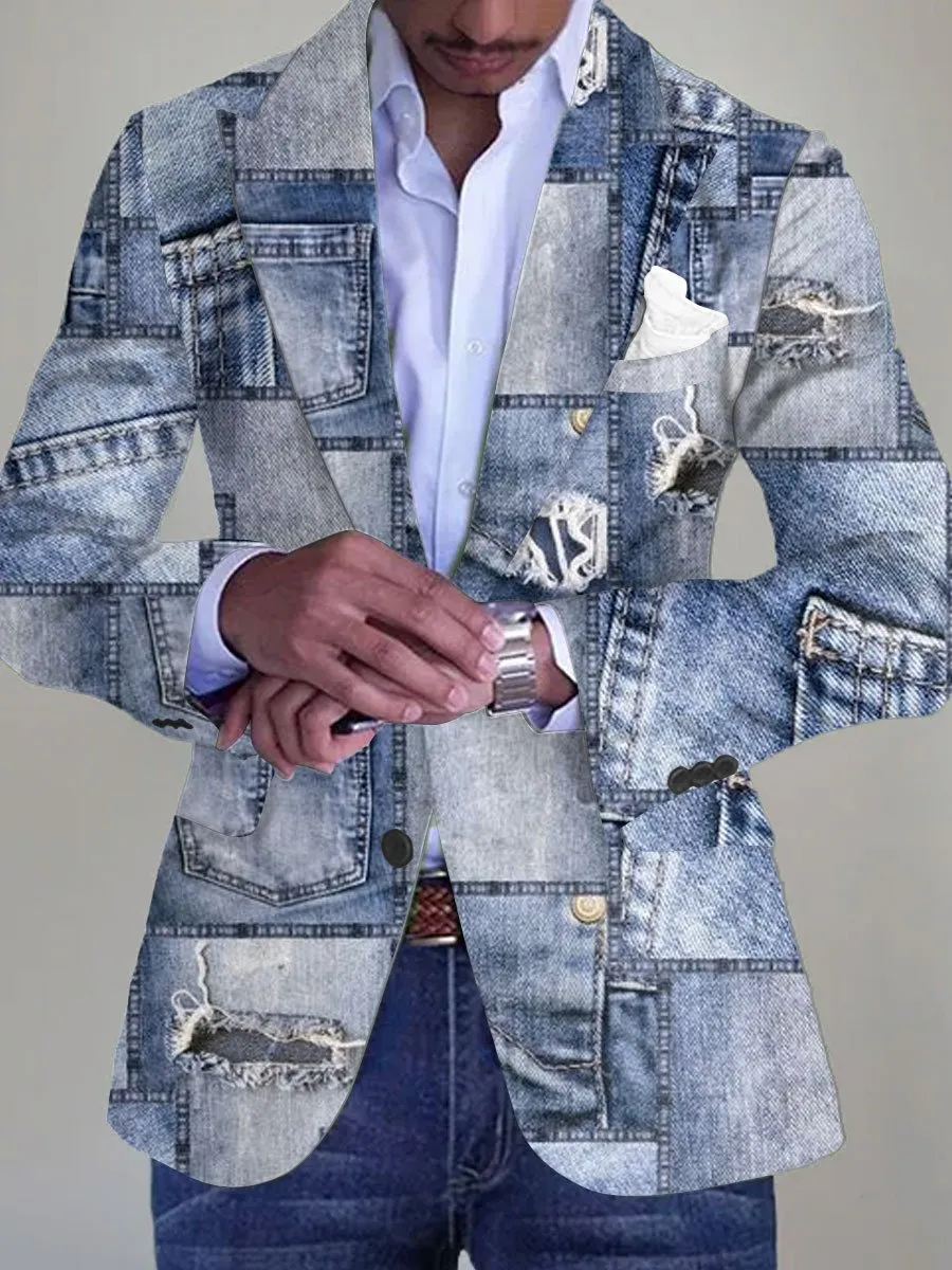 Men's Retro Patchwork Denim Print Pocket Lapel Casual Blazer
