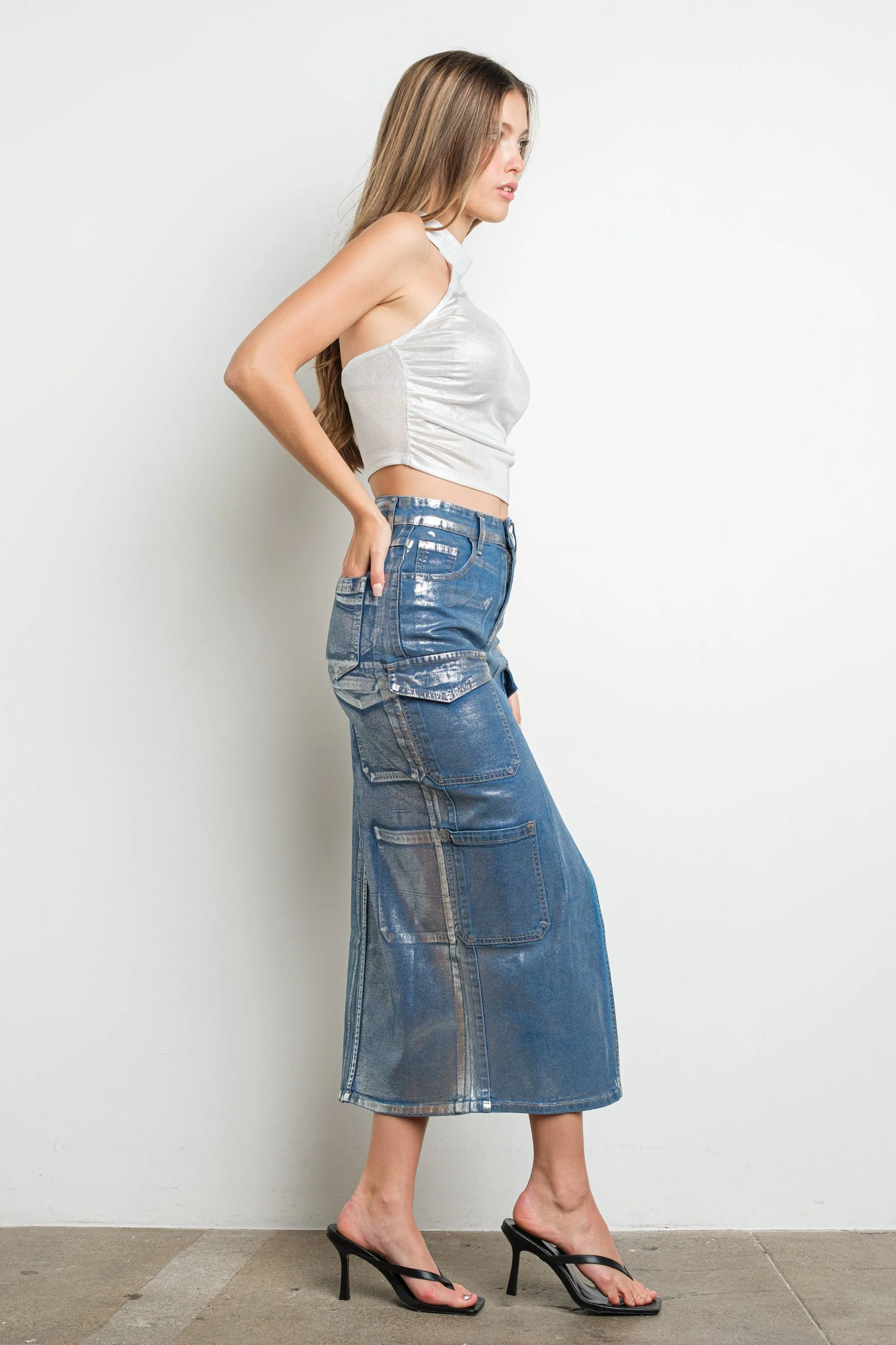 Metallic Cargo Denim Skirt