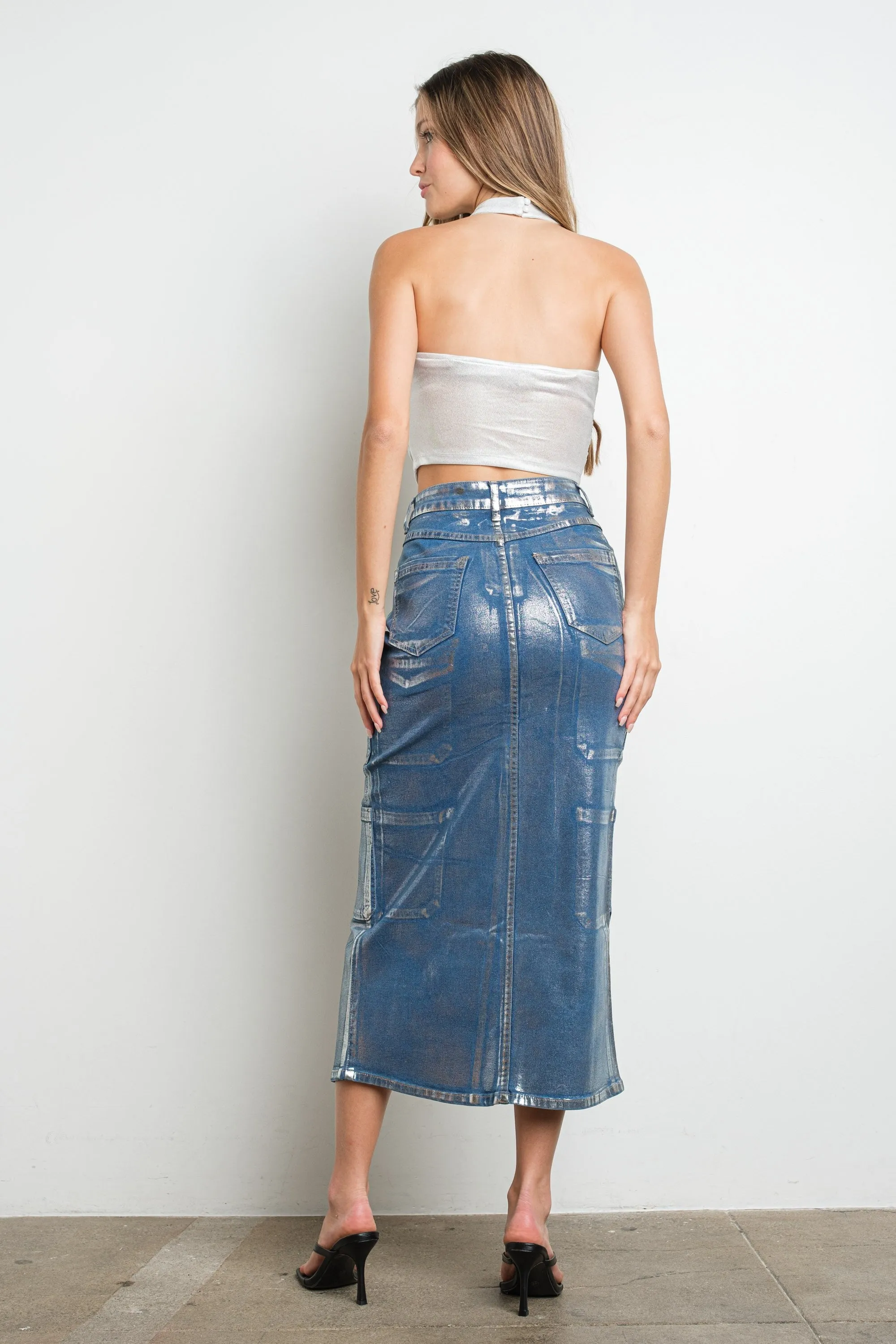 Metallic Cargo Denim Skirt