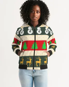 Multi Colored Snowman Tree Wonderland White Women's Bomber Jacket