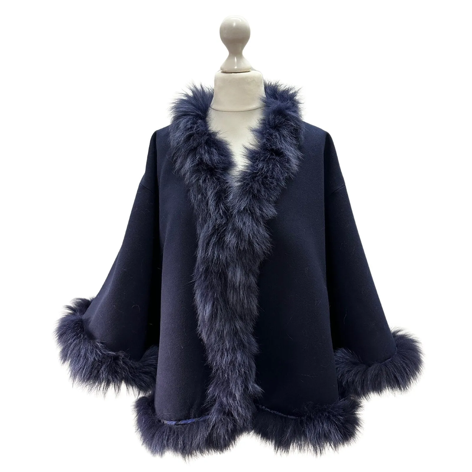 Navy Belted Feminine Overcoat Cape Cashmere Trim Fox Fur