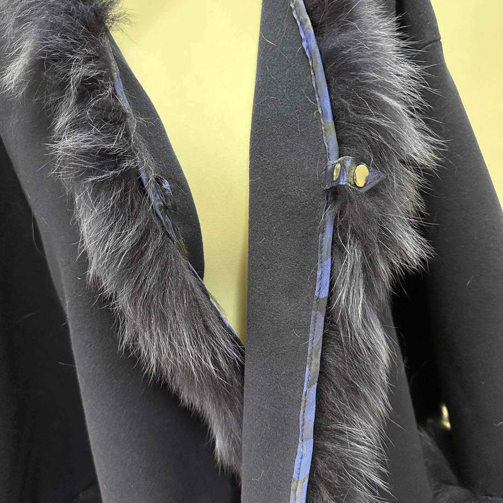 Navy Belted Feminine Overcoat Cape Cashmere Trim Fox Fur