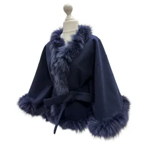 Navy Belted Feminine Overcoat Cape Cashmere Trim Fox Fur