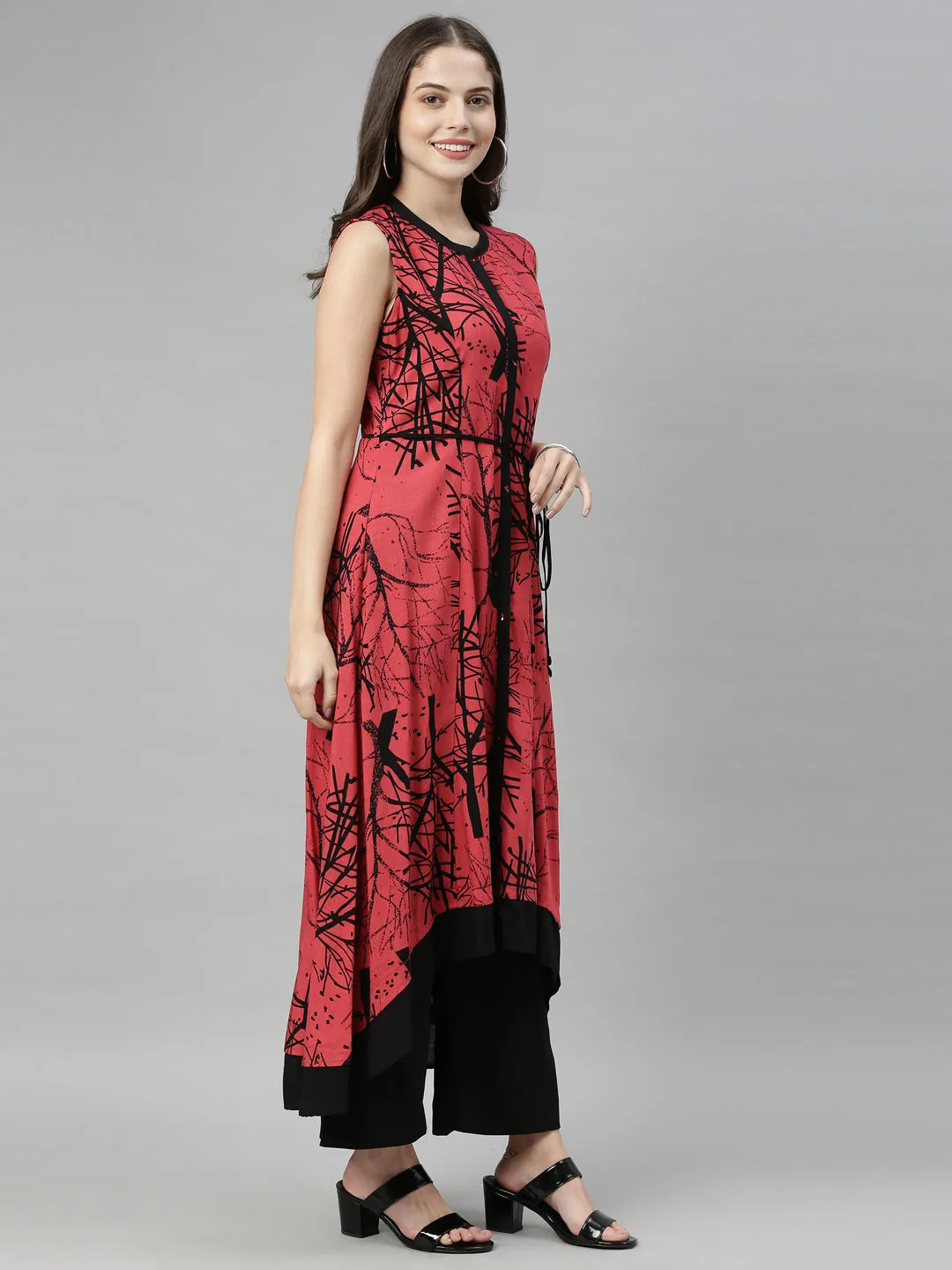 Neeru's Tomato Color Slub Rayon Fabric Tunic