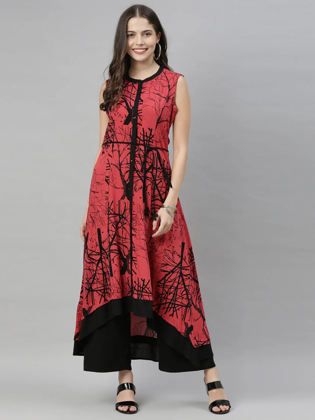 Neeru's Tomato Color Slub Rayon Fabric Tunic