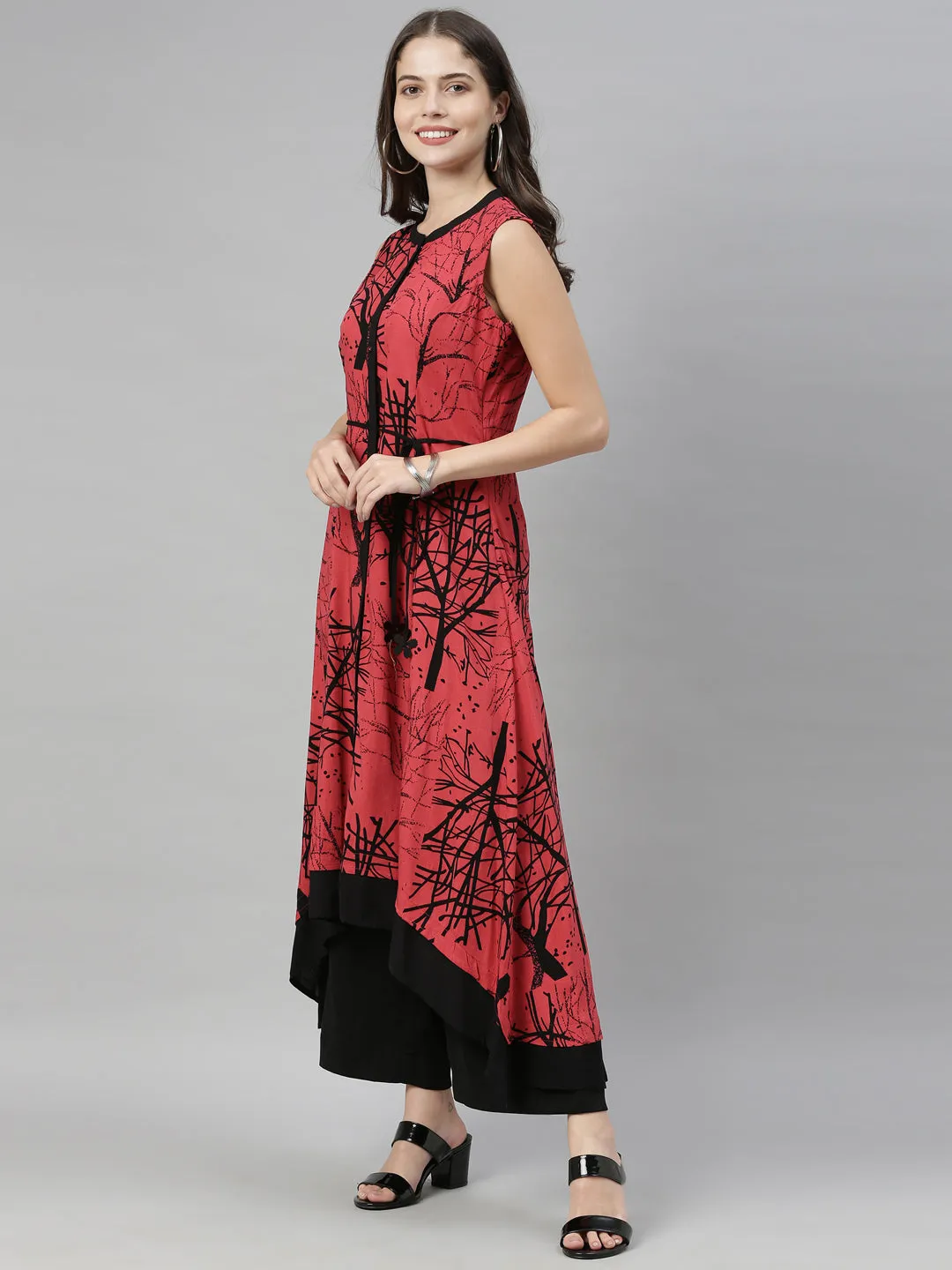 Neeru's Tomato Color Slub Rayon Fabric Tunic