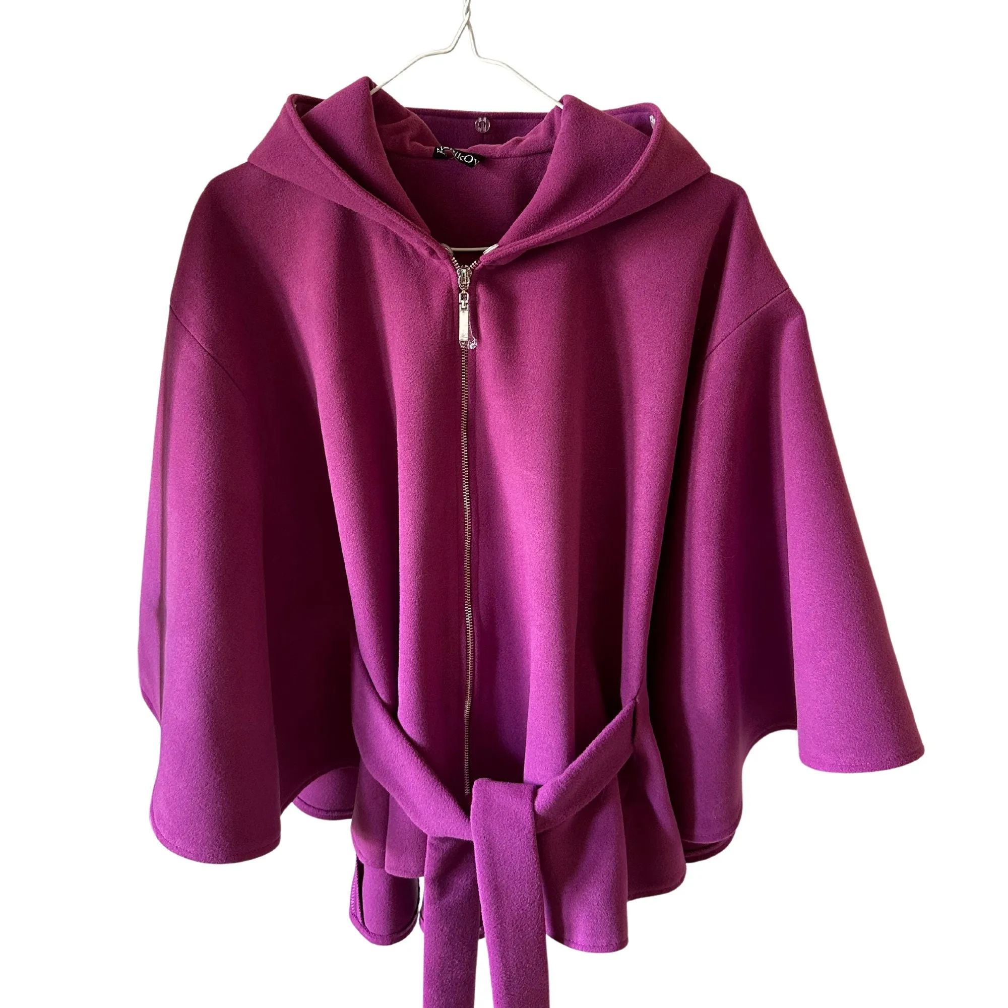 Purple Cape Coat Belted Feminine Elegant Statement Poncho with Hood Raccoon Fur Trim Detachable