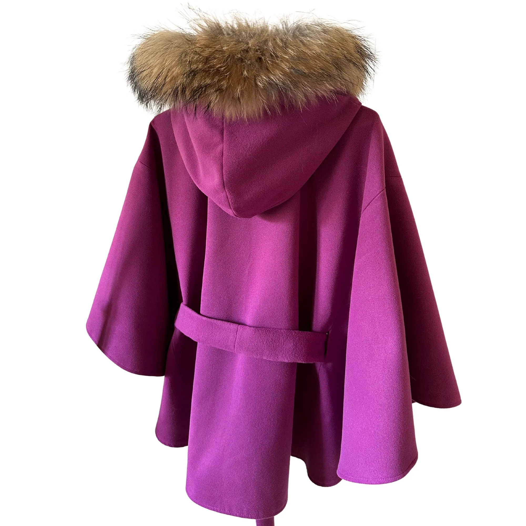Purple Cape Coat Belted Feminine Elegant Statement Poncho with Hood Raccoon Fur Trim Detachable