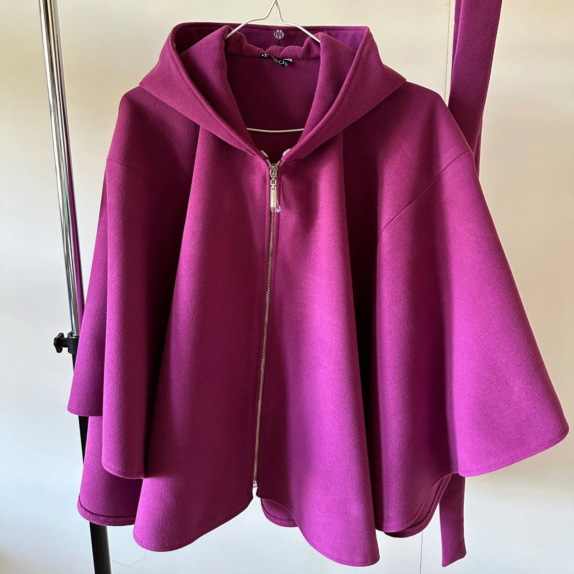 Purple Cape Coat Belted Feminine Elegant Statement Poncho with Hood Raccoon Fur Trim Detachable