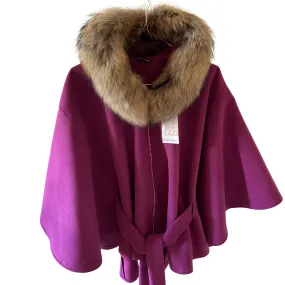 Purple Cape Coat Belted Feminine Elegant Statement Poncho with Hood Raccoon Fur Trim Detachable