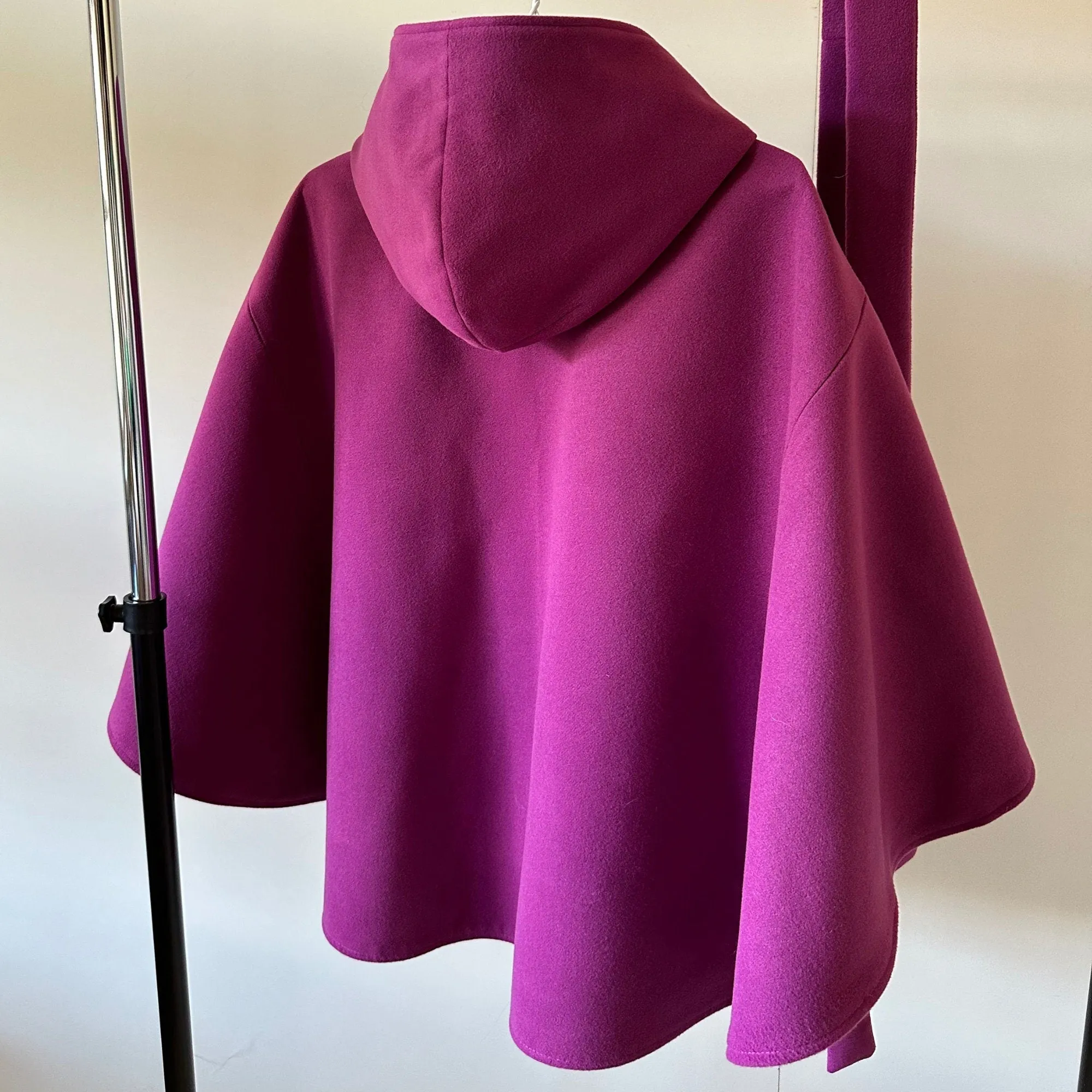 Purple Cape Coat Belted Feminine Elegant Statement Poncho with Hood Raccoon Fur Trim Detachable