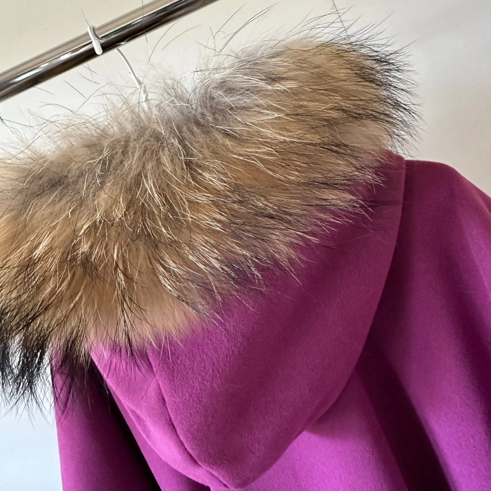 Purple Cape Coat Belted Feminine Elegant Statement Poncho with Hood Raccoon Fur Trim Detachable