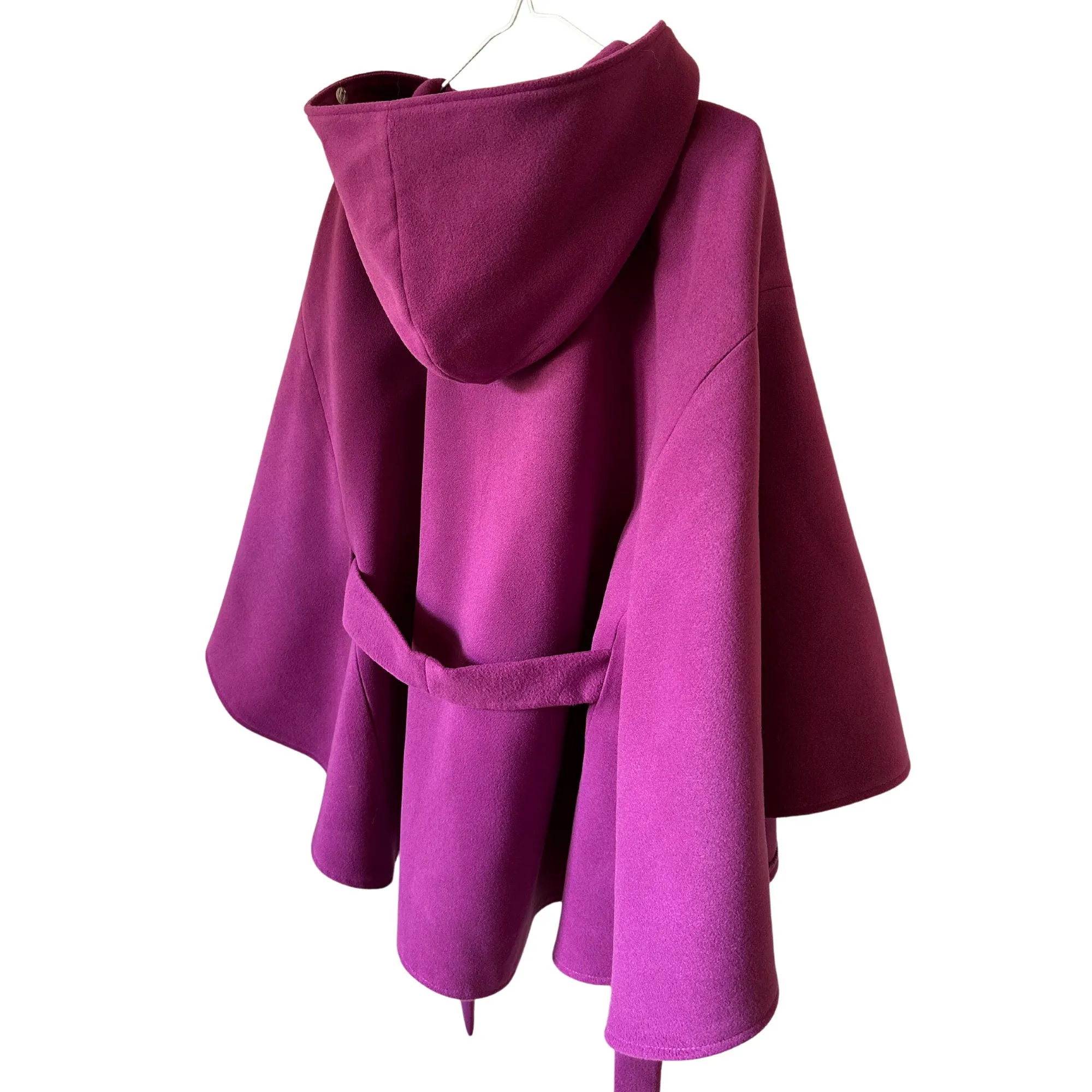 Purple Cape Coat Belted Feminine Elegant Statement Poncho with Hood Raccoon Fur Trim Detachable