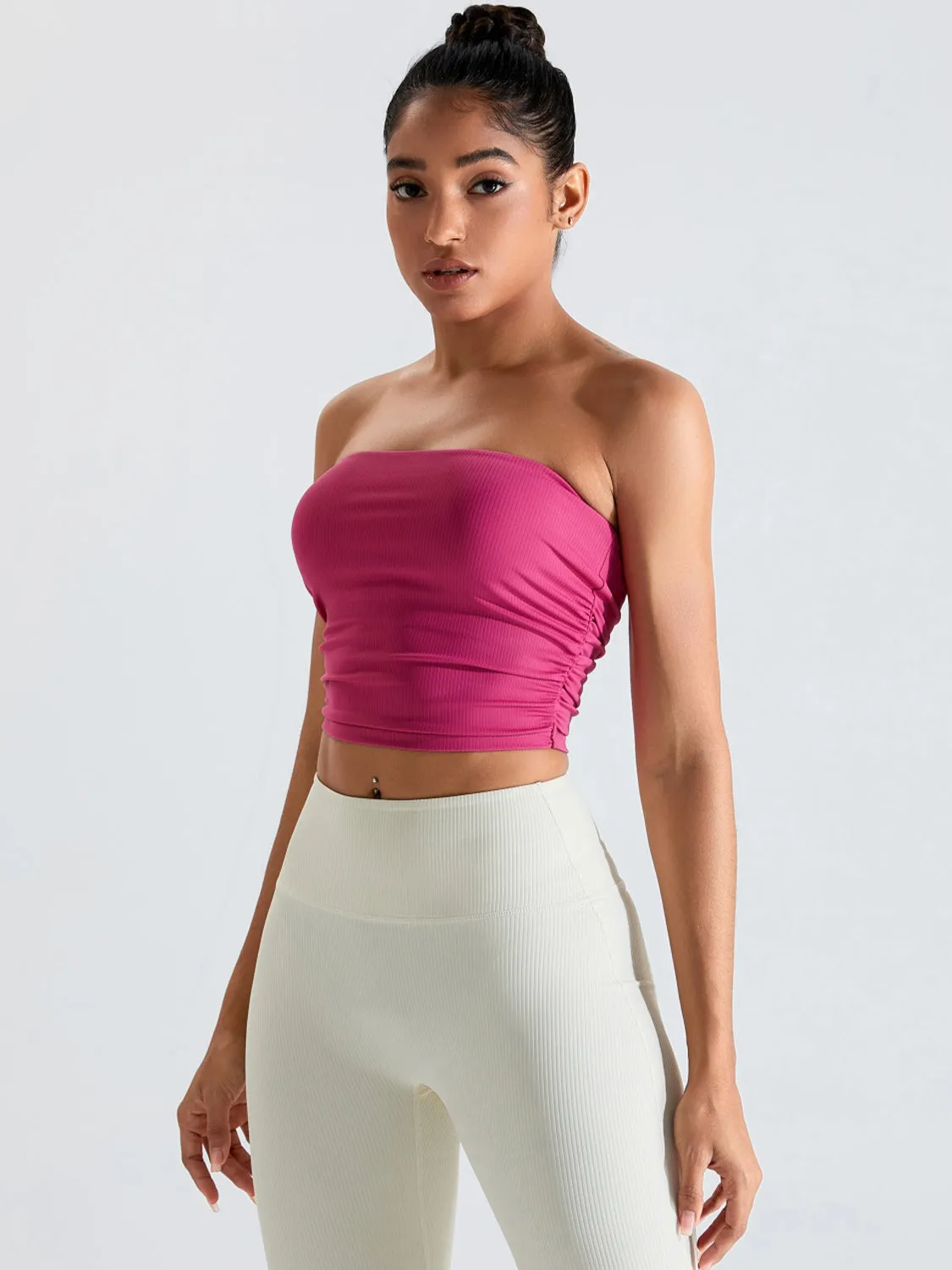 Ribbed Active Bandeau Crop op Strapless Solid Color Tube Shirt