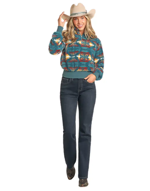 Rock & Roll Cowgirl Women's Teal Aztec 1/4 Zip Cropped Sherpa Pullover BW91T04551