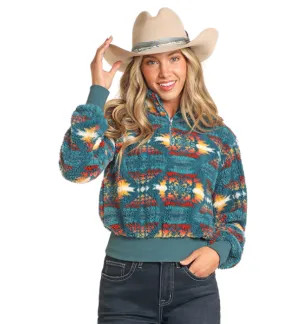 Rock & Roll Cowgirl Women's Teal Aztec 1/4 Zip Cropped Sherpa Pullover BW91T04551