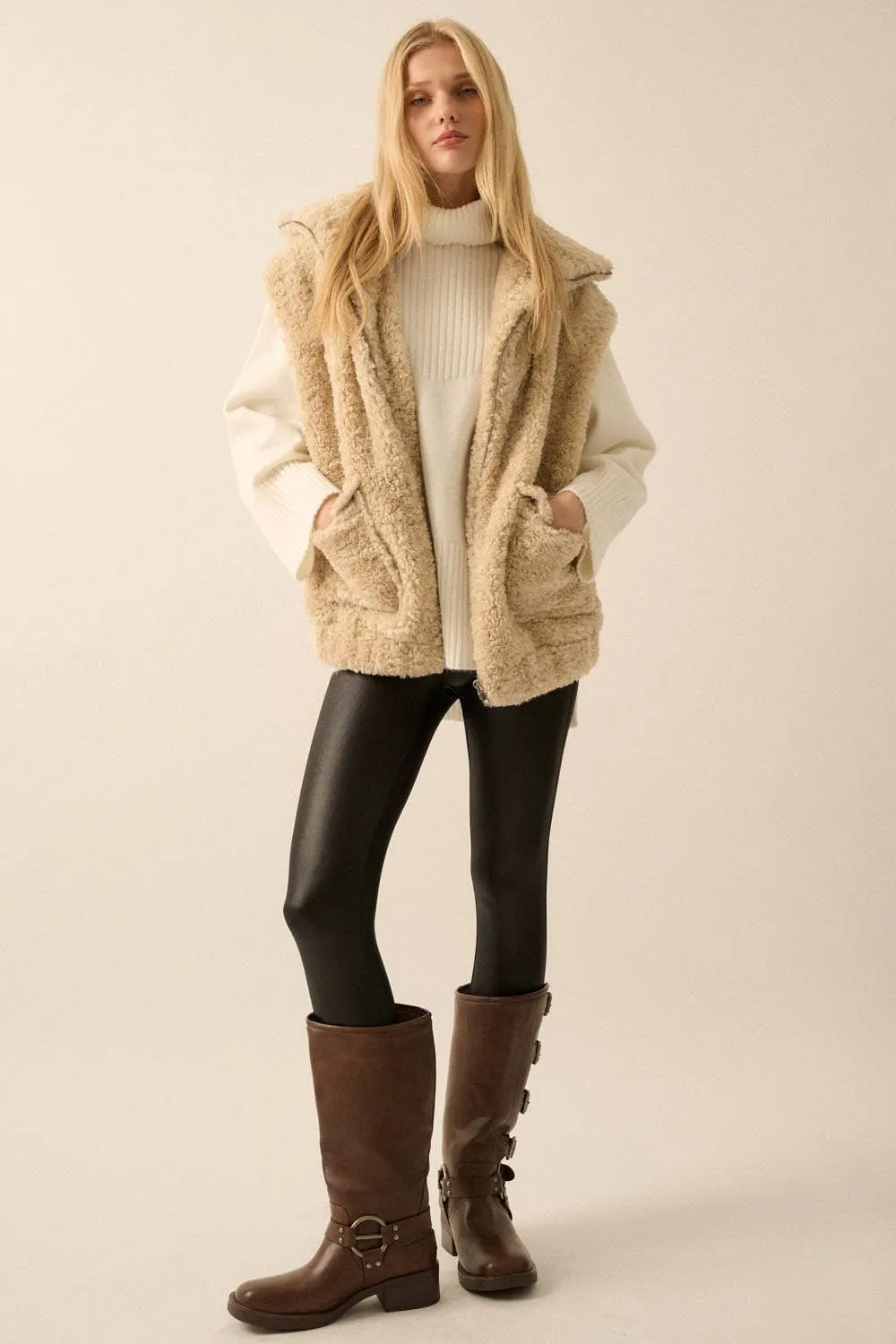 Sam - Solid Faux Fur Zip-Up Pocket Vest