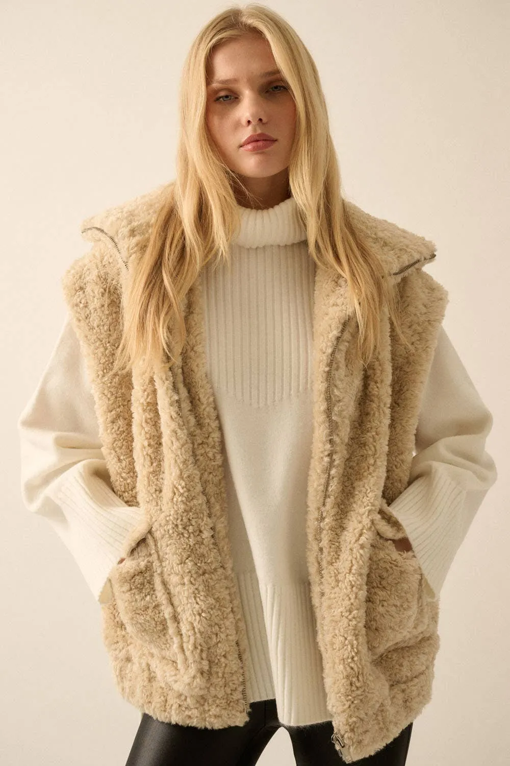 Sam - Solid Faux Fur Zip-Up Pocket Vest