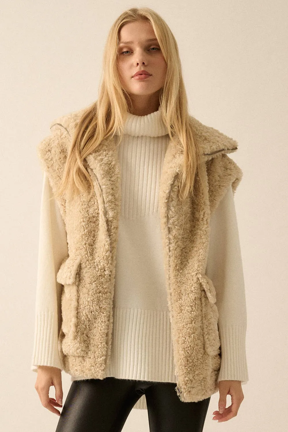 Sam - Solid Faux Fur Zip-Up Pocket Vest