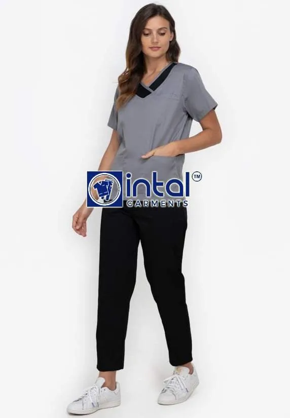 SCRUBSUIT 14 Standard Mock Wrap Lhacose Polycotton Regular 4-Pocket Pants Unisex Scrubs  Light Grey & Black