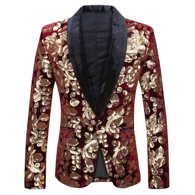 Shawl Lapel Velvet Gold Flowers Sequins Stage Singer Clothes Men Blazer