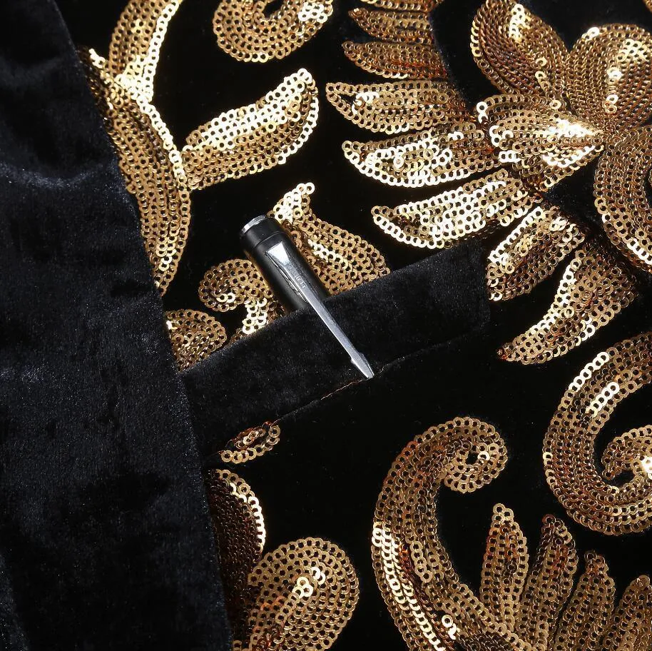 Shawl Lapel Velvet Gold Flowers Sequins Stage Singer Clothes Men Blazer