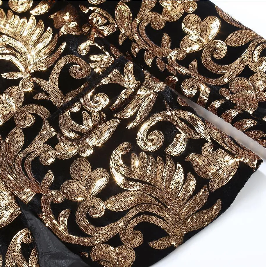 Shawl Lapel Velvet Gold Flowers Sequins Stage Singer Clothes Men Blazer