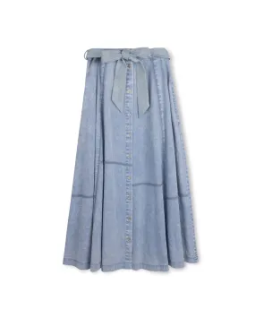 skirt midi flare button down with belt - blue denim