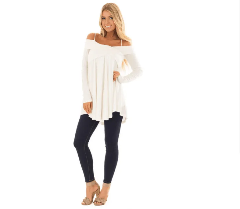 Strap Long Sleeve Cross Collar T-Shirt