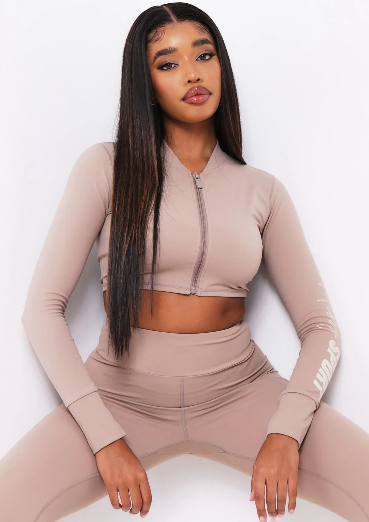 Tana Mocha Missy Sport Zip Through Cropped Gym Jacket