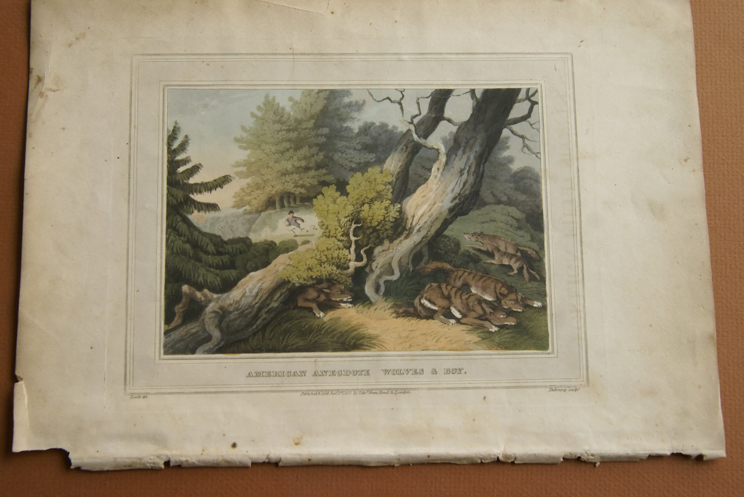 VERY RARE COLLECTOR ILLUSTRATION (1813) HAND COLORED QUARTO AQUATINT ENGRAVING FROM HOWITT & CAPTAIN WILLIAMSON’S AMERICAN ANECDOTE, WOLVES & BOY, FROM FOREIGN FIELD SPORTS, FISHERIES ETC… BY CAPTAIN WILLIAMSON.