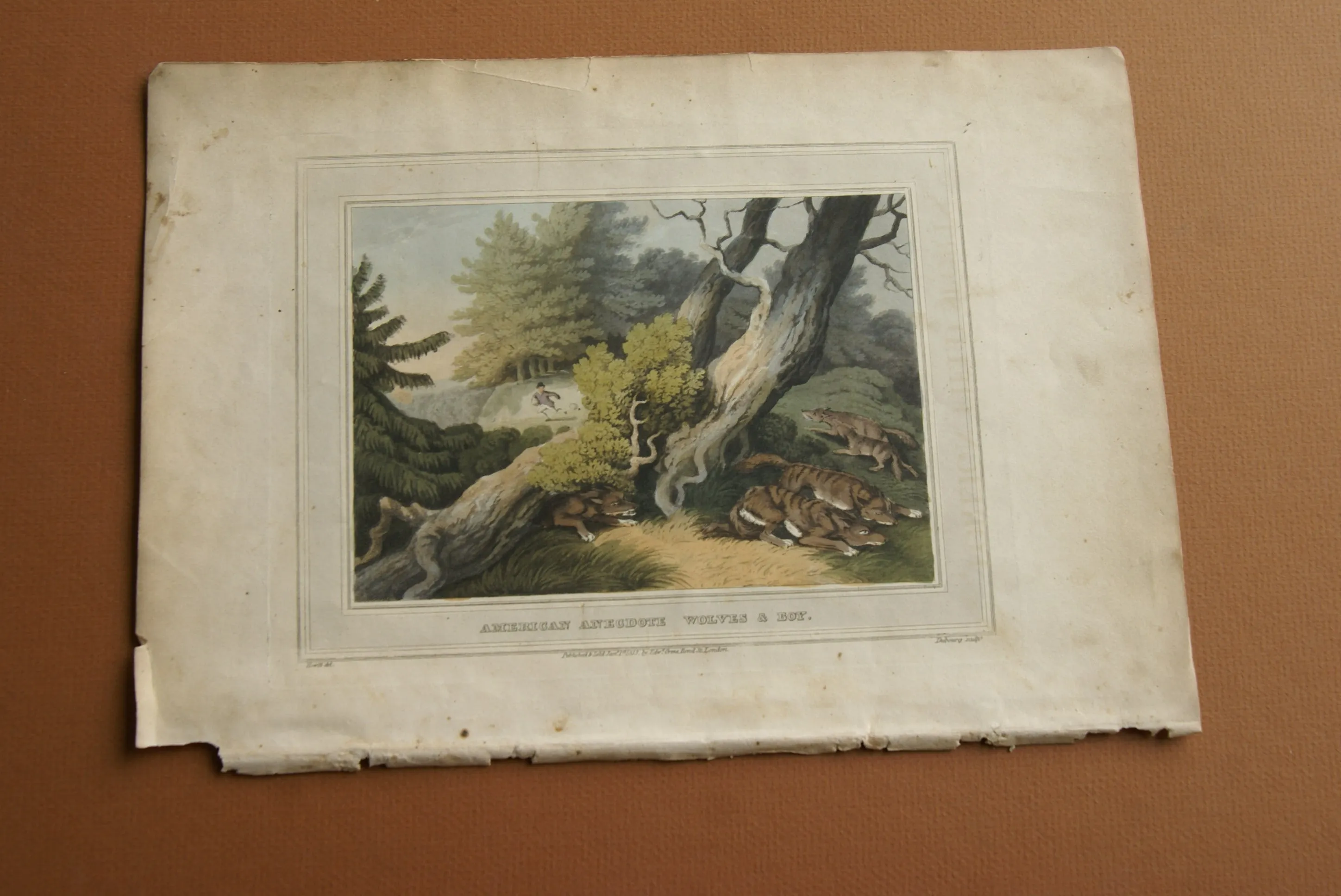 VERY RARE COLLECTOR ILLUSTRATION (1813) HAND COLORED QUARTO AQUATINT ENGRAVING FROM HOWITT & CAPTAIN WILLIAMSON’S AMERICAN ANECDOTE, WOLVES & BOY, FROM FOREIGN FIELD SPORTS, FISHERIES ETC… BY CAPTAIN WILLIAMSON.