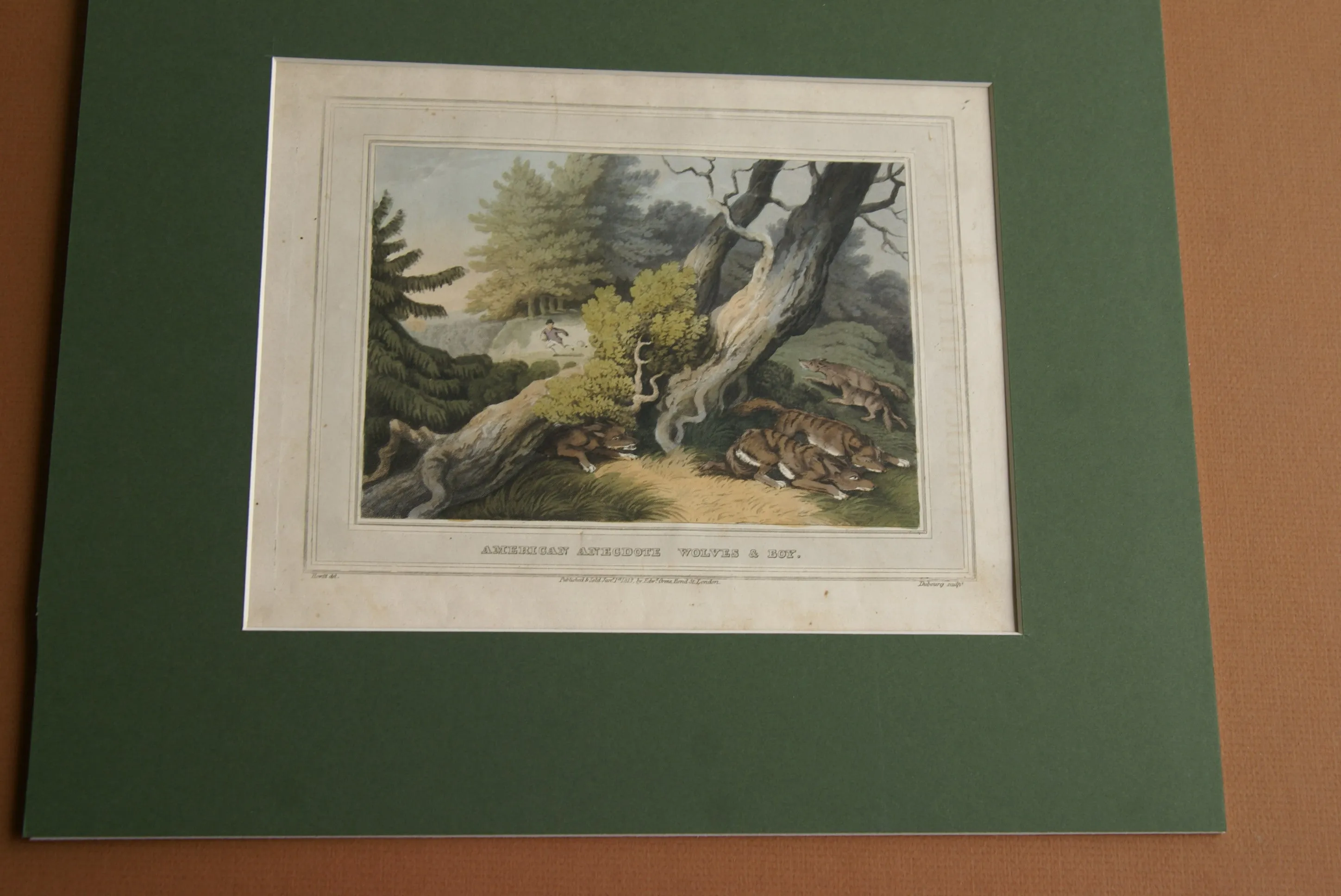 VERY RARE COLLECTOR ILLUSTRATION (1813) HAND COLORED QUARTO AQUATINT ENGRAVING FROM HOWITT & CAPTAIN WILLIAMSON’S AMERICAN ANECDOTE, WOLVES & BOY, FROM FOREIGN FIELD SPORTS, FISHERIES ETC… BY CAPTAIN WILLIAMSON.