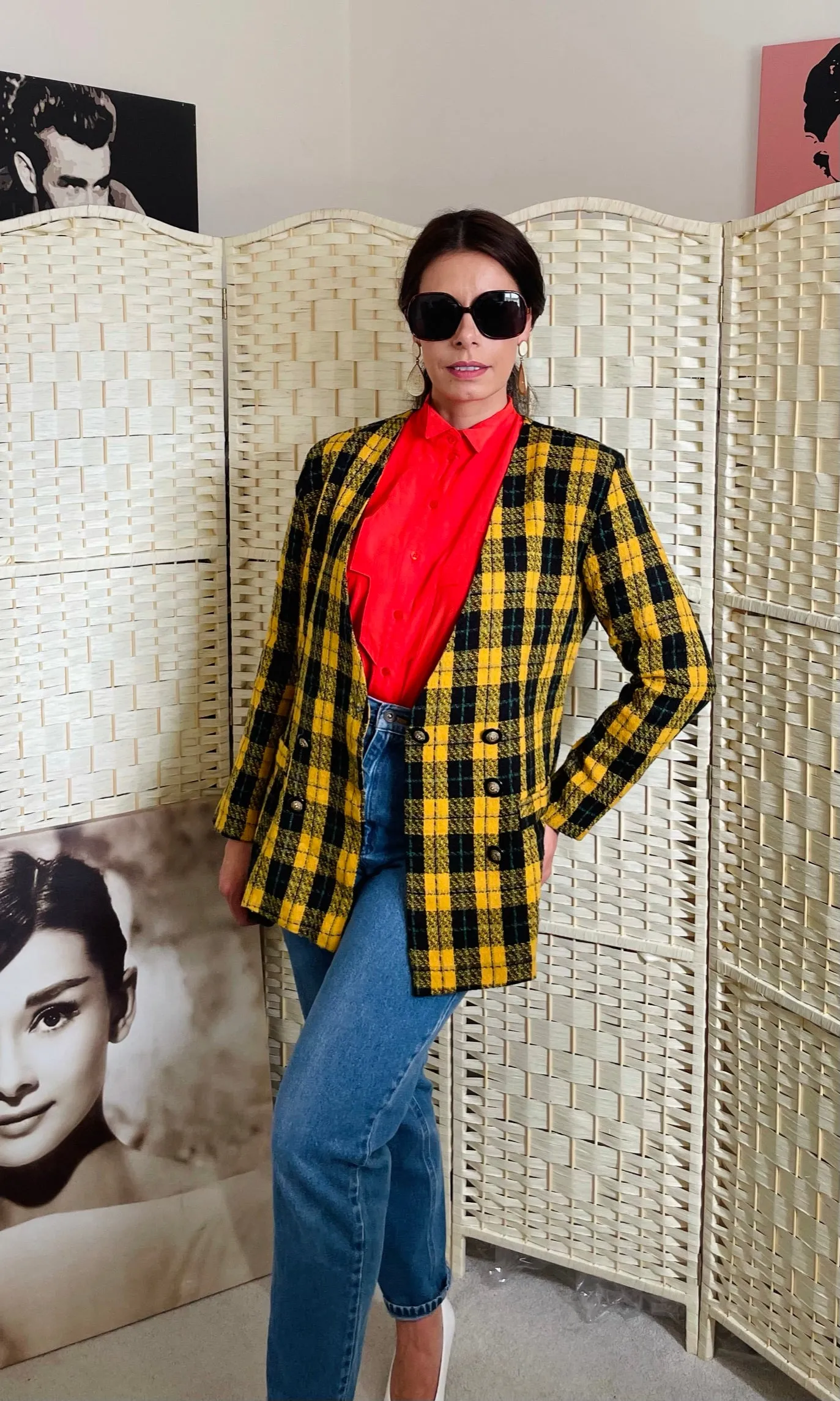 Vintage Jacquard Yellow and Black Tartan Check Blazer