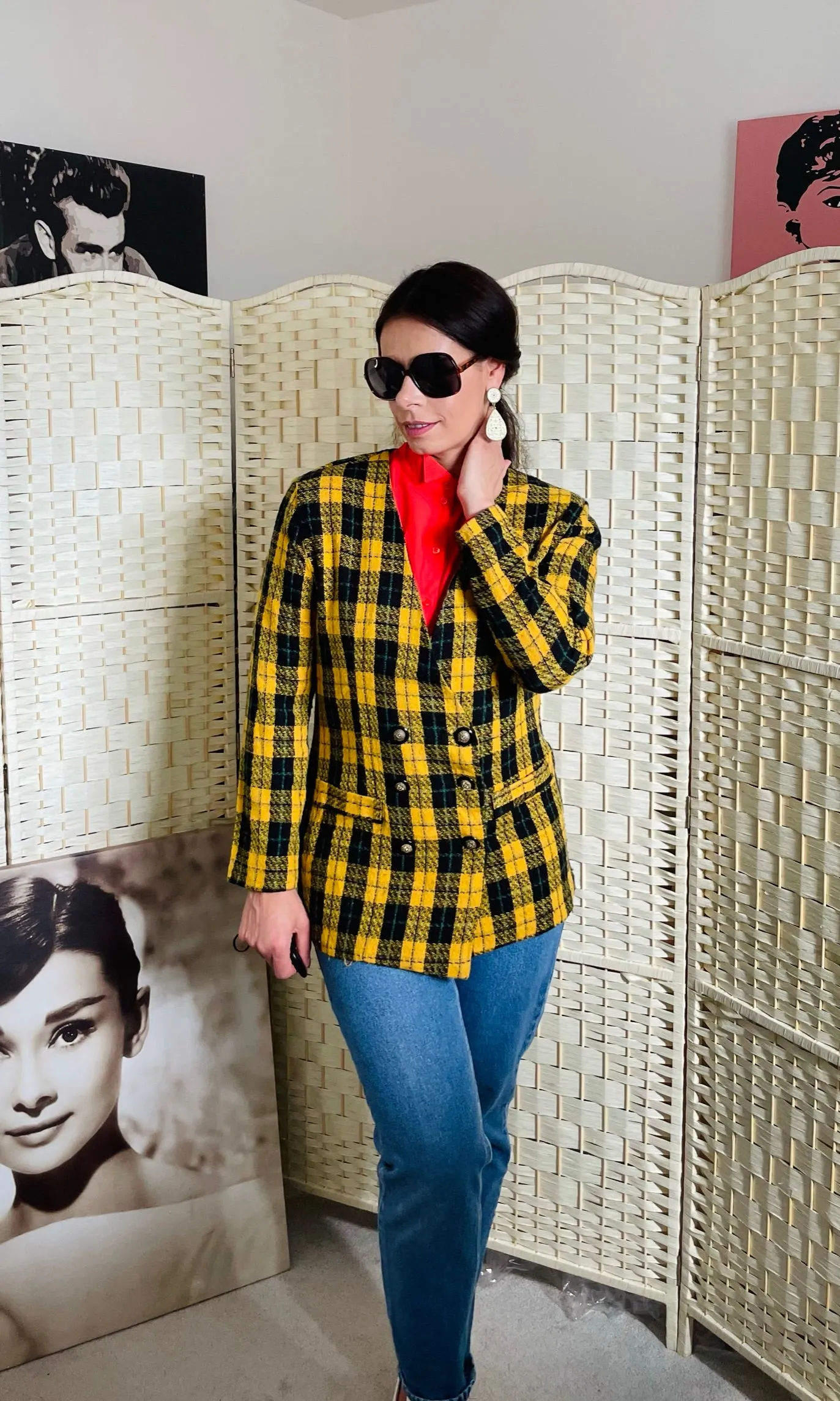Vintage Jacquard Yellow and Black Tartan Check Blazer