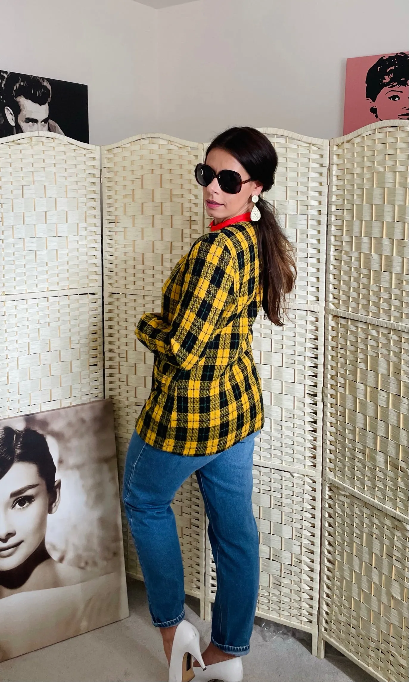 Vintage Jacquard Yellow and Black Tartan Check Blazer