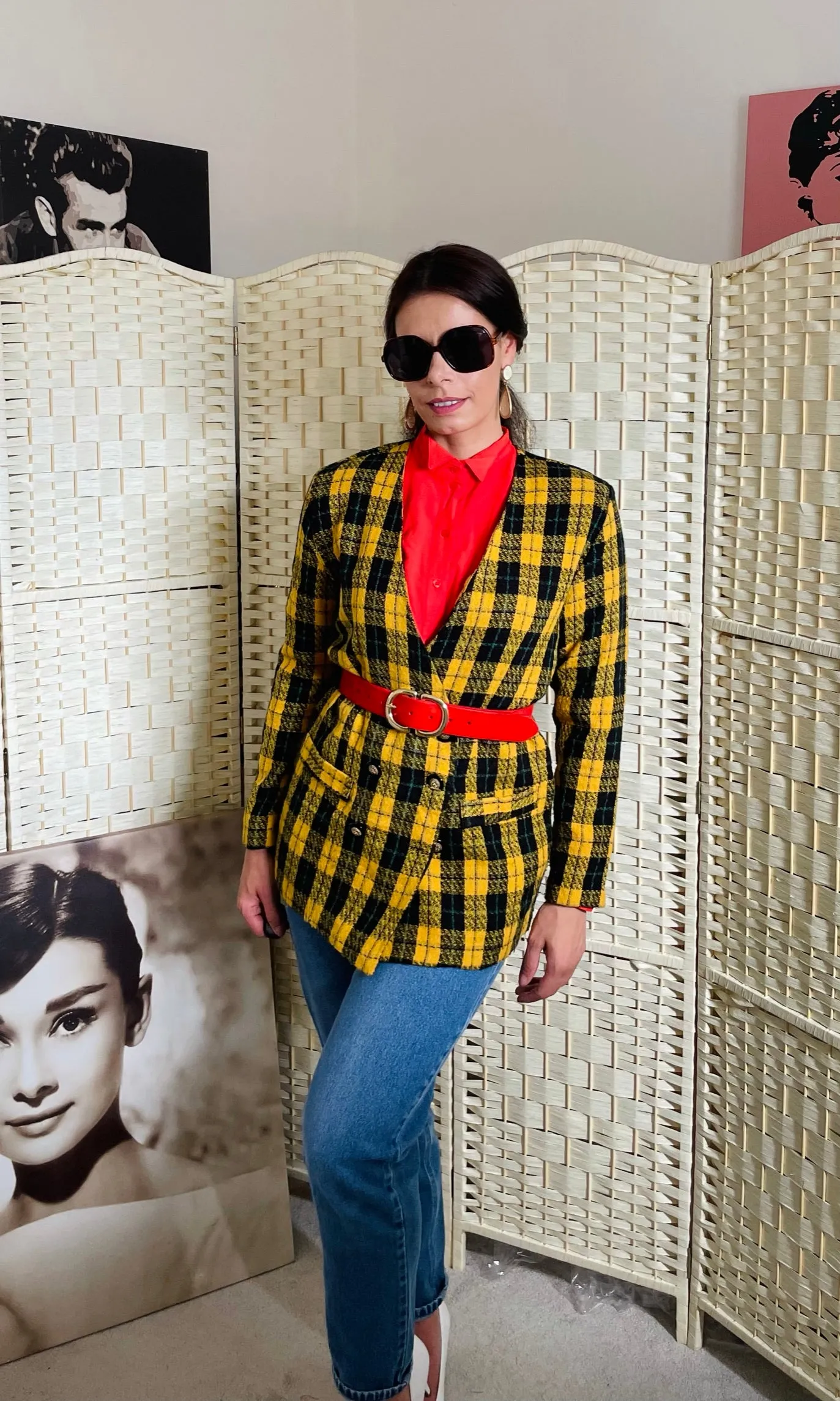 Vintage Jacquard Yellow and Black Tartan Check Blazer