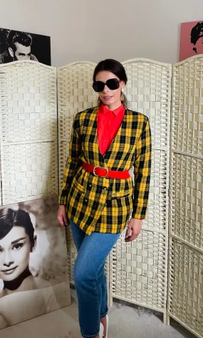 Vintage Jacquard Yellow and Black Tartan Check Blazer