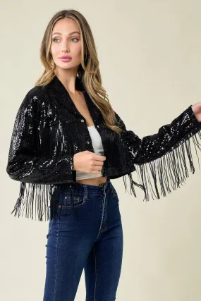 WISTERIA LANE - CROPPED SEQUINS FRINGED MOTO JACKET - W6317JIA BLACK