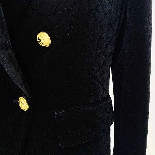 Women Luxury Golden Lion Buttons Velvet Quilted Jacket Fitted Blazer
