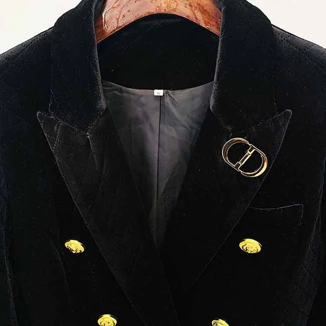 Women Luxury Golden Lion Buttons Velvet Quilted Jacket Fitted Blazer