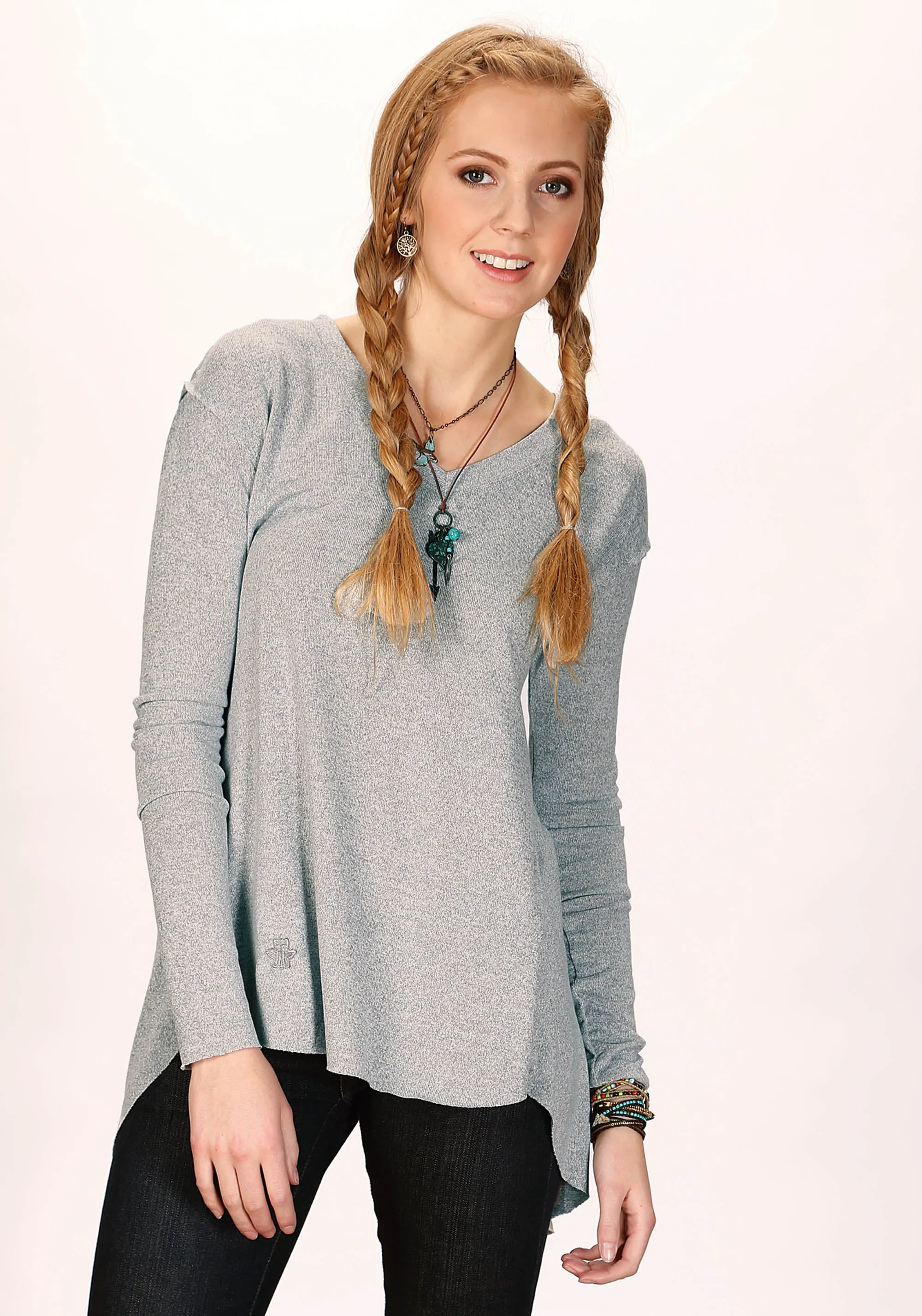 WOMENS LONG SLEEVE PULLOVER MELANGE GREY SWEATER JERSEY T SHIRT WITH THREE QUARTER SLEEVES SPLIT OPEN BACK