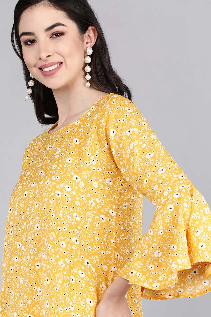 Yellow Poly Crepe Floral Print Top