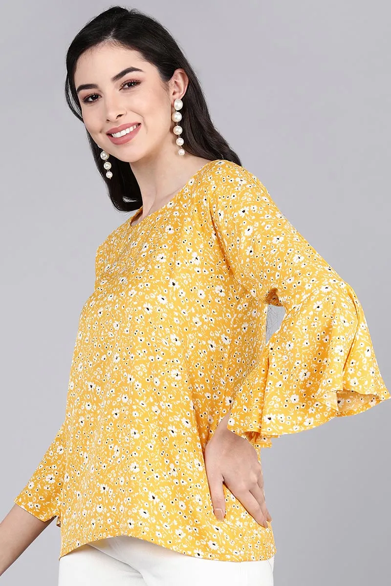 Yellow Poly Crepe Floral Print Top