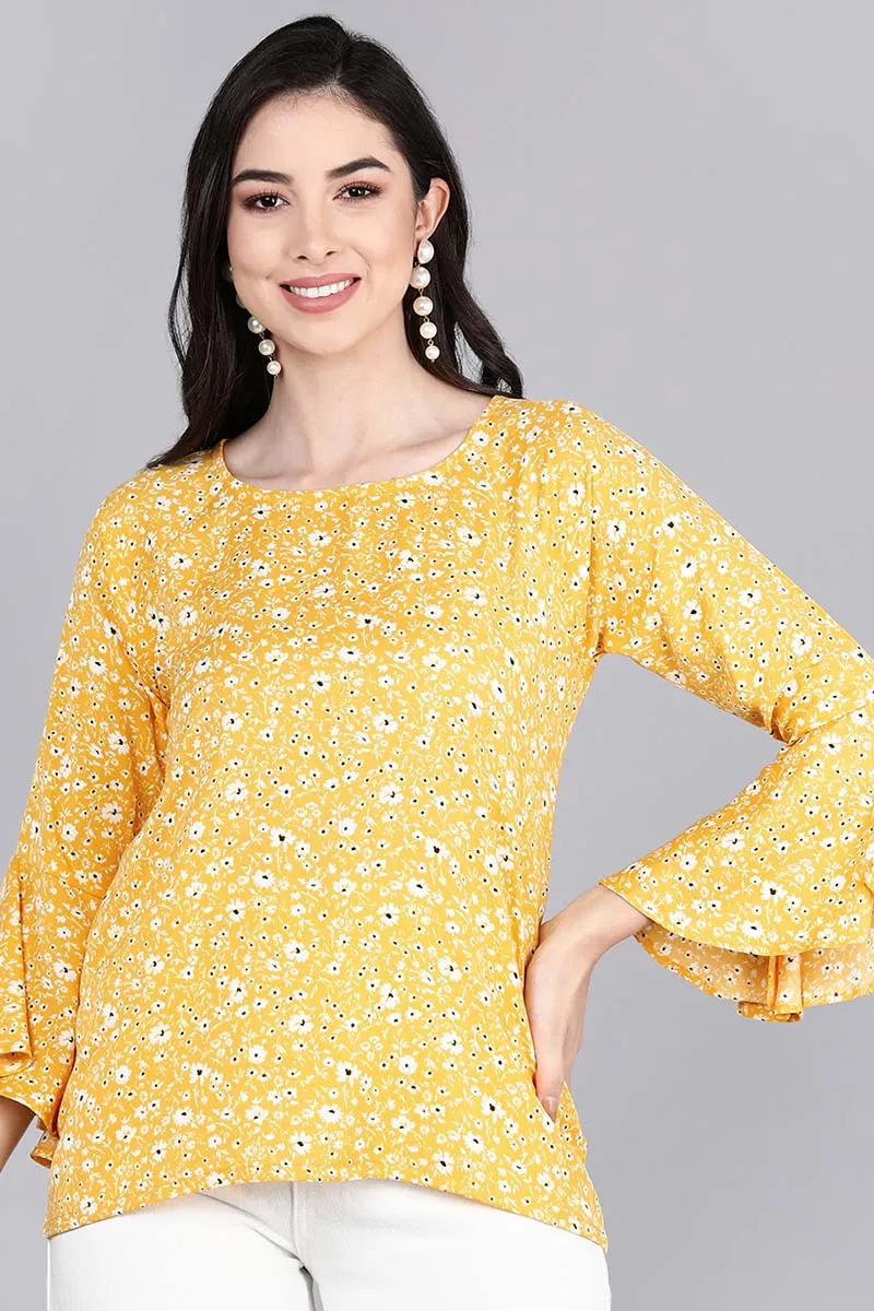 Yellow Poly Crepe Floral Print Top